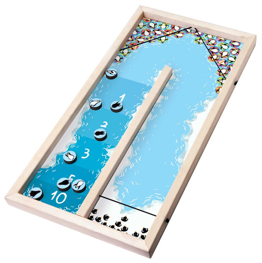 Rustik Pingpole Dual Challenge board game with wooden frame, blue water playing surface, penguin and yeti game pieces numbered 1-10, and colorful penguin-patter