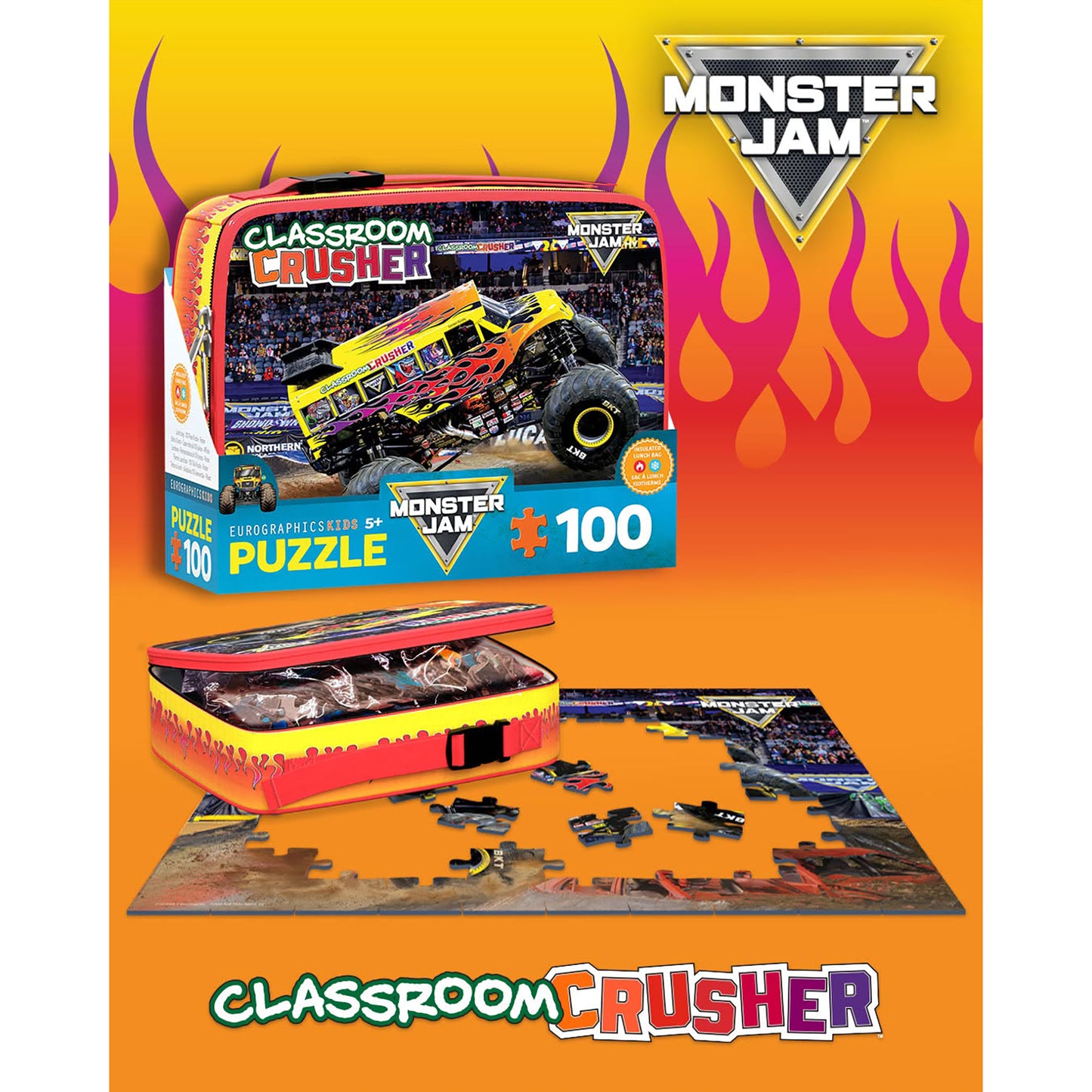 Monster Jam Classroom Crusher 100-piece puzzle with yellow and red lunch bag storage
