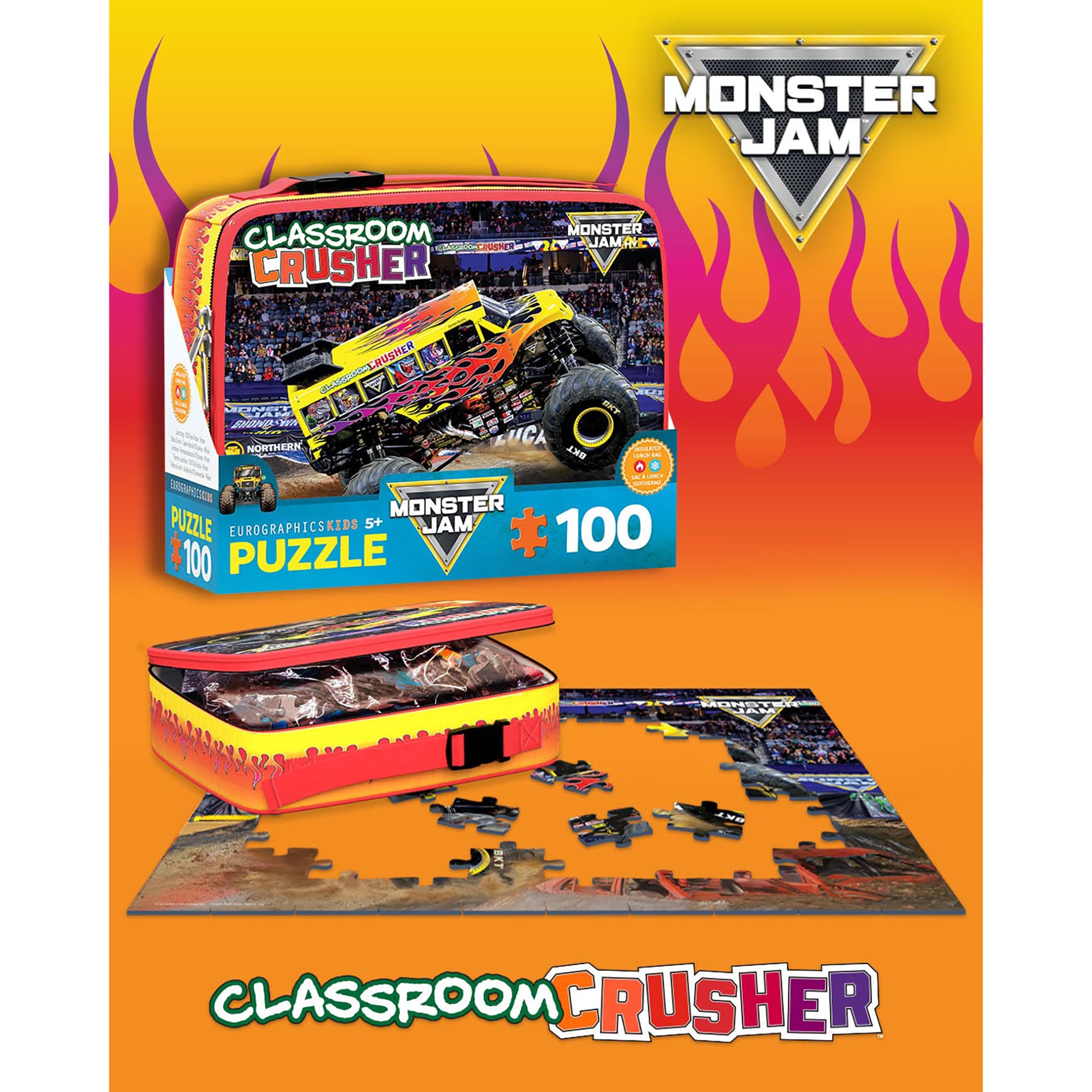 Monster Jam Classroom Crusher 100-piece puzzle with yellow and red lunch bag storage