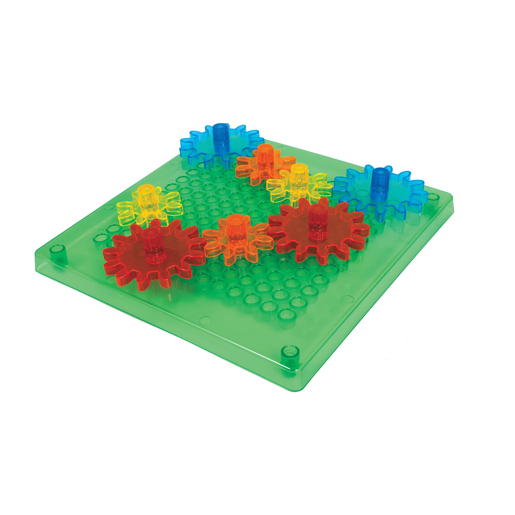 Green base plate with colorful transparent gears in red, orange, yellow, blue, and teal that interlock and rotate together