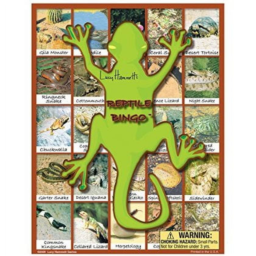 Reptile Bingo game board featuring a bright green lizard silhouette in the center surrounded by photo squares of various reptiles and amphibians including gila