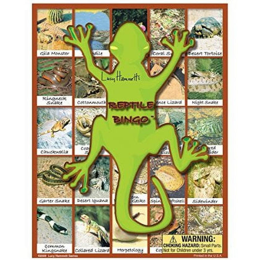 Reptile Bingo game board featuring a bright green lizard silhouette in the center surrounded by photo squares of various reptiles and amphibians including gila