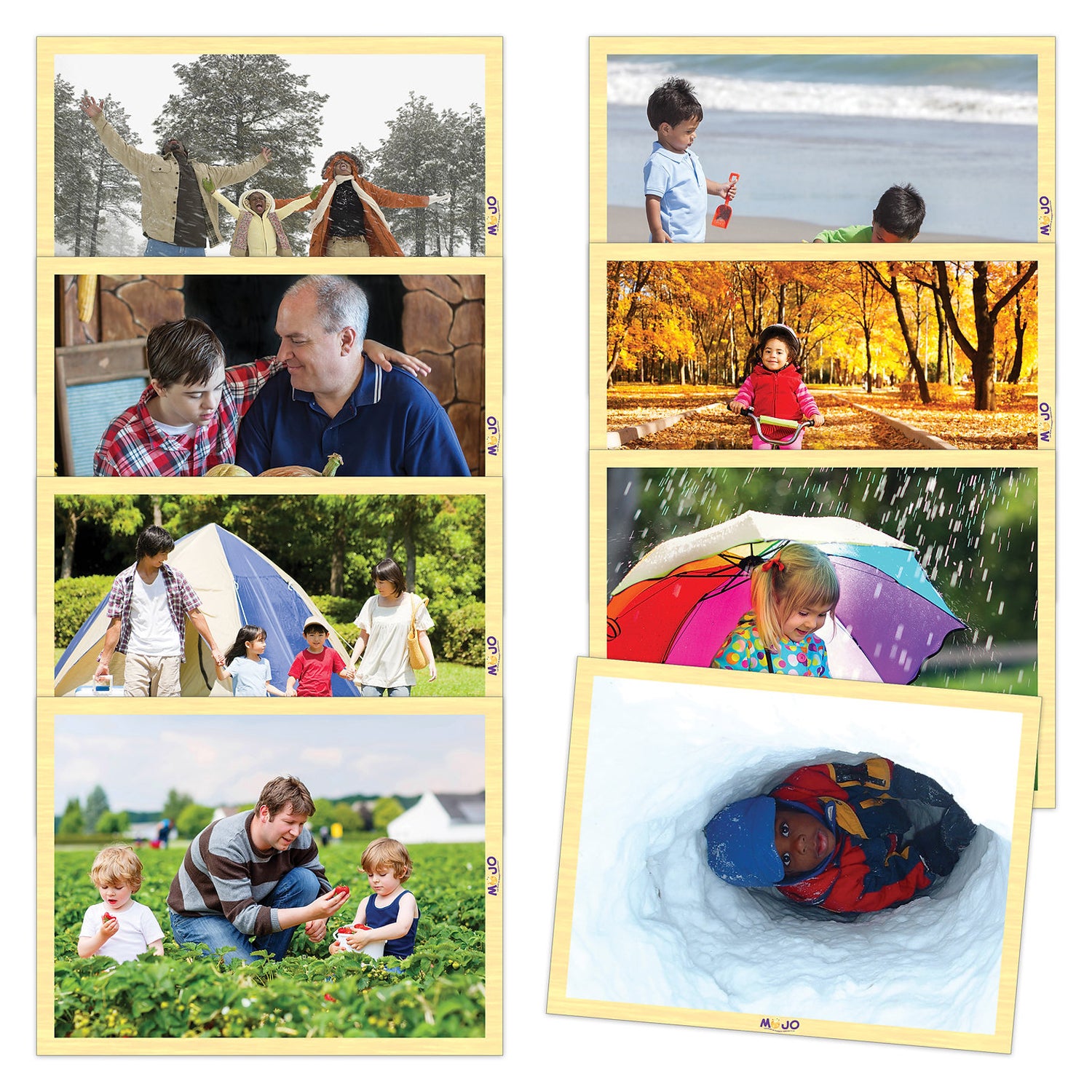 Grid of lifestyle photos showing children and families outdoors across seasons: winter outdoor play, beach activities, bonding indoors, autumn park visit, rainy