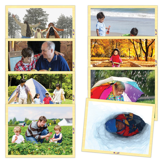 Grid of lifestyle photos showing children and families outdoors across seasons: winter outdoor play, beach activities, bonding indoors, autumn park visit, rainy