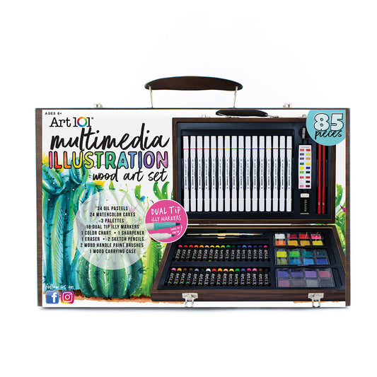 Art 101 Multimedia Illustration wood art set with 85 pieces including markers, pastels, watercolor cakes, and brushes in open wooden carrying case