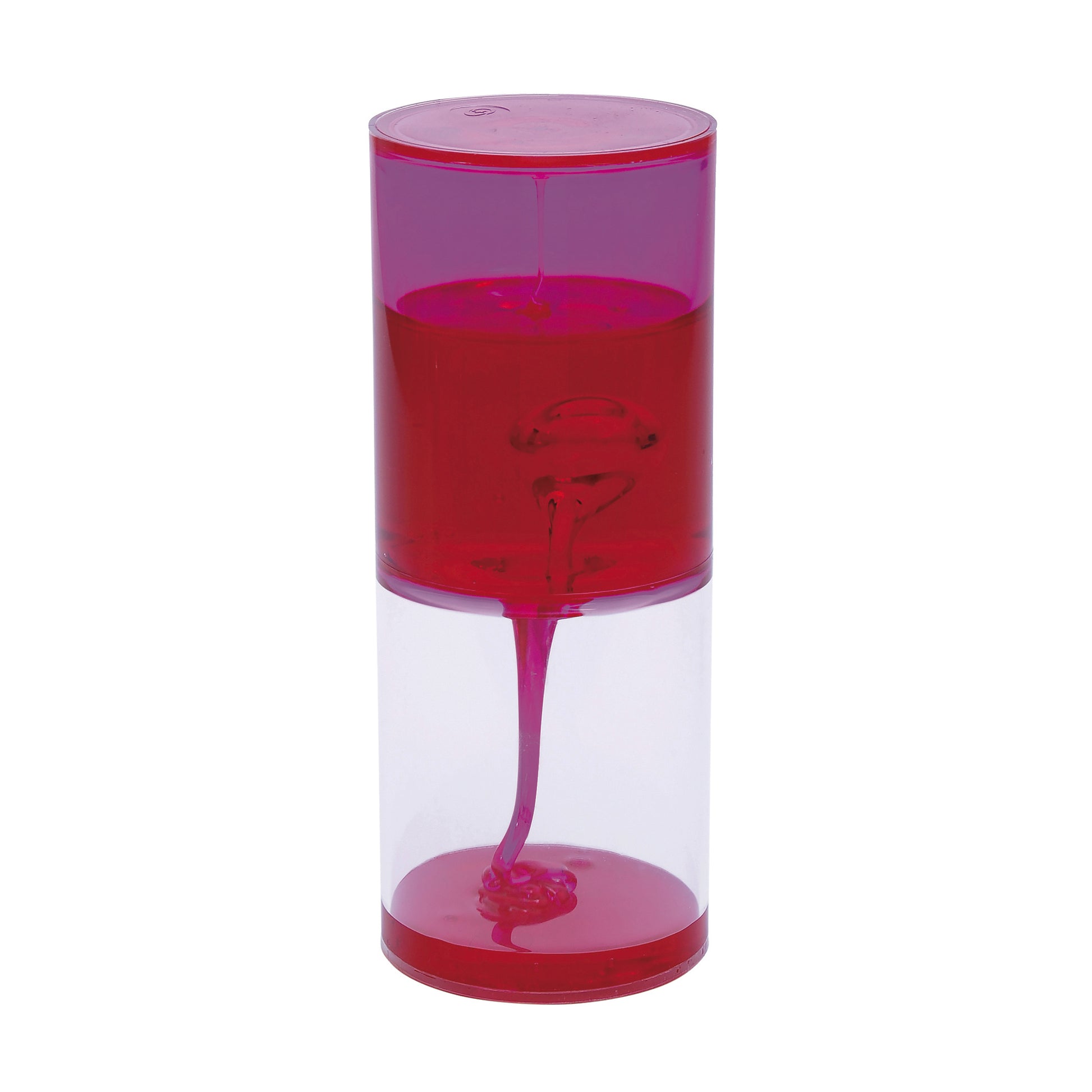Pink and red liquid-filled sensory tube with thick viscous fluid flowing between two chambers, mounted on a white background