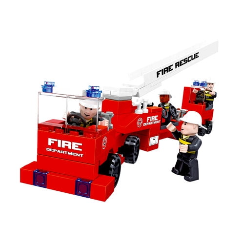 Red fire truck building set with firefighter minifigures, ladder, and modular brick components displayed on white background
