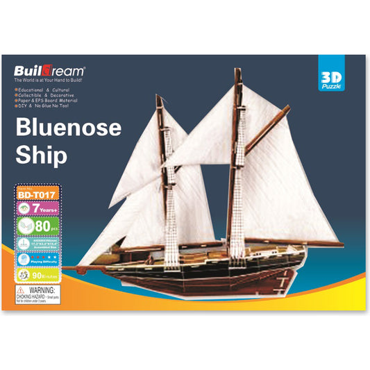 Buildream Bluenose Ship 3D puzzle box showing assembled white-sailed wooden ship model with brown masts and hull