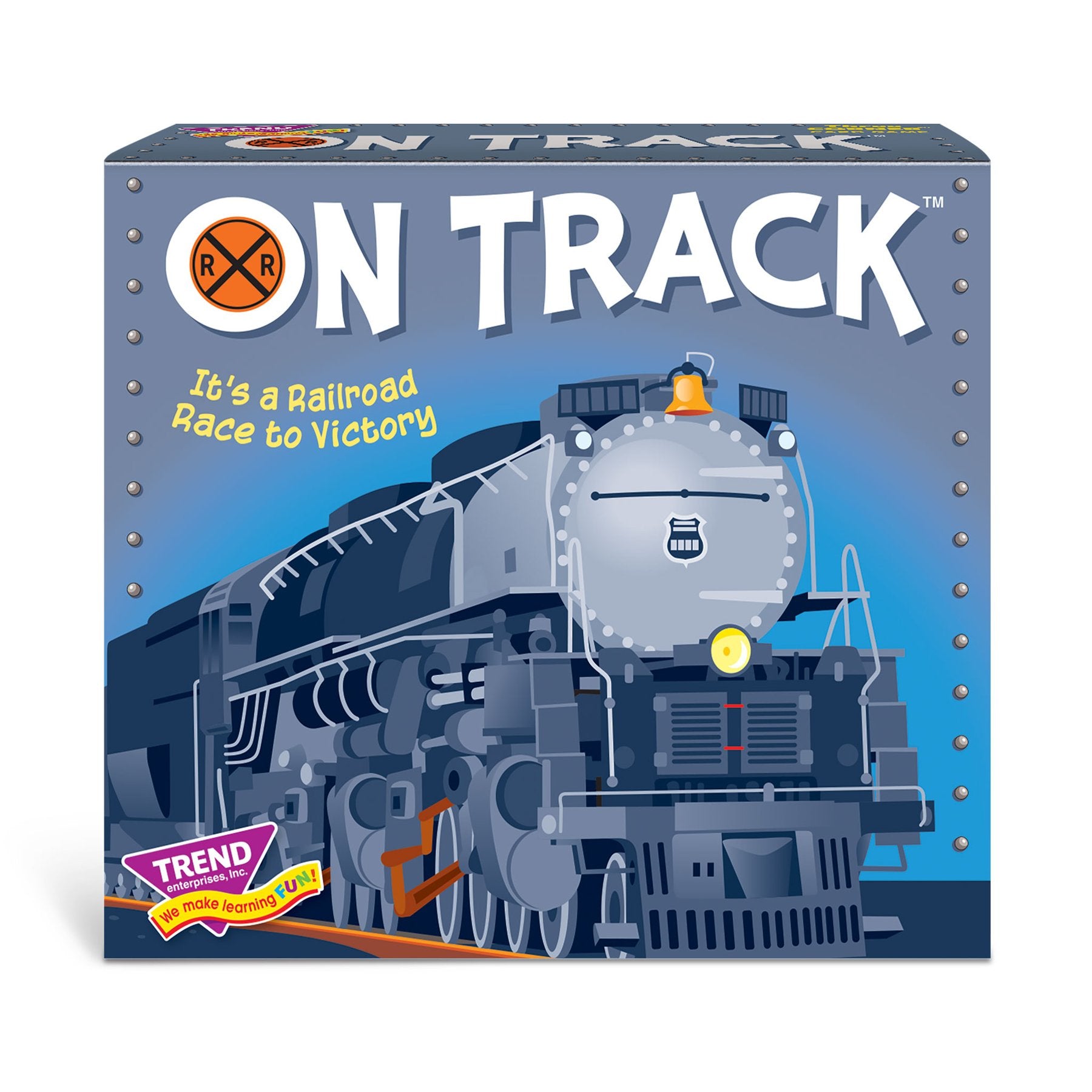 On Track Three Corner Railroad Card Game box featuring illustrated steam locomotive with tagline 'It's a Railroad Race to Victory' by Trend Enterprises