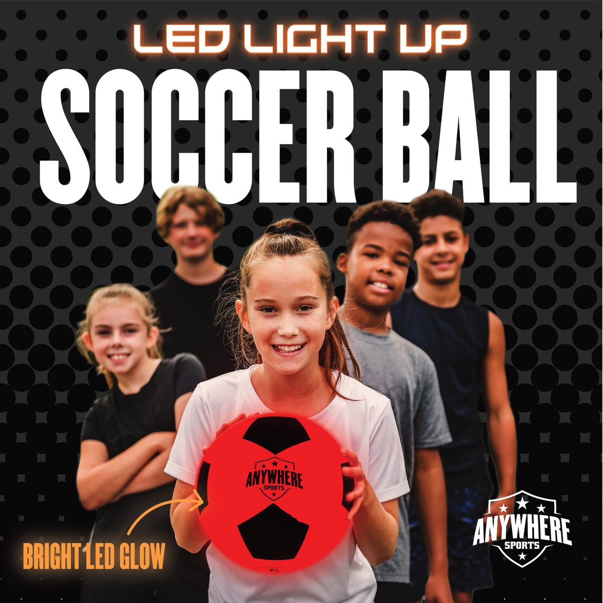 Anywhere Sports LED Light-Up Soccer Ball in red and black, impact-activated glow technology