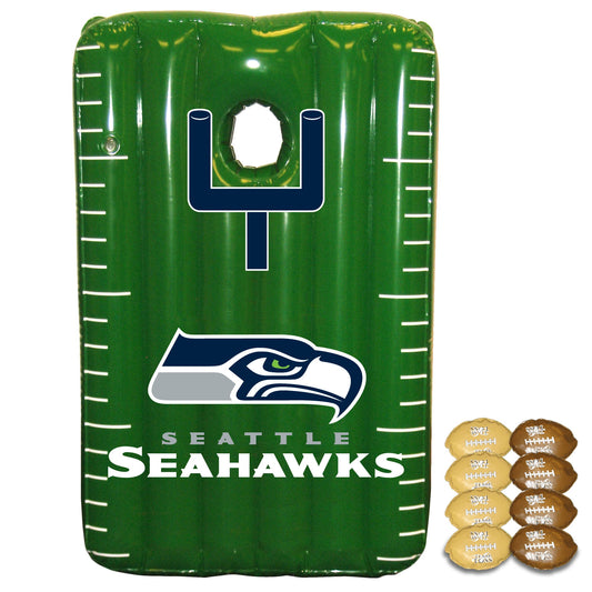 Green inflatable cornhole board with Seattle Seahawks football field design, logo, and goal hole, includes bean bag toss set