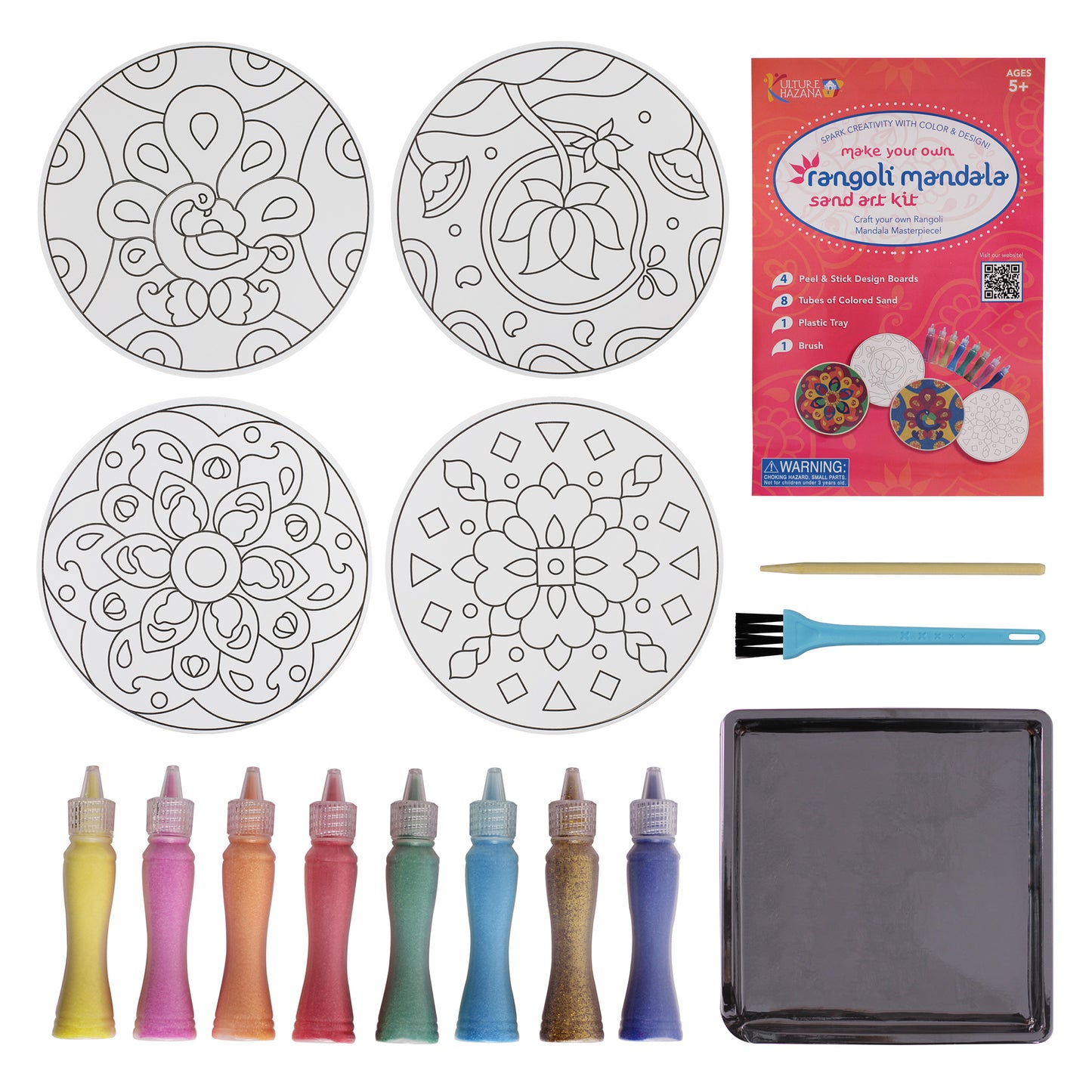 Make Your Own Rangoli Mandala Sand Art Kit with 4 design boards, 8 colored sand tubes, brush and tray