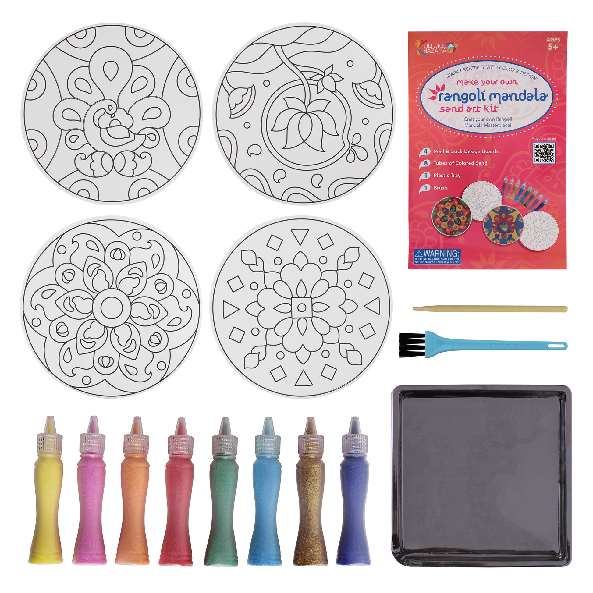 Make Your Own Rangoli Mandala Sand Art Kit with 4 design boards, 8 colored sand tubes, brush and tray