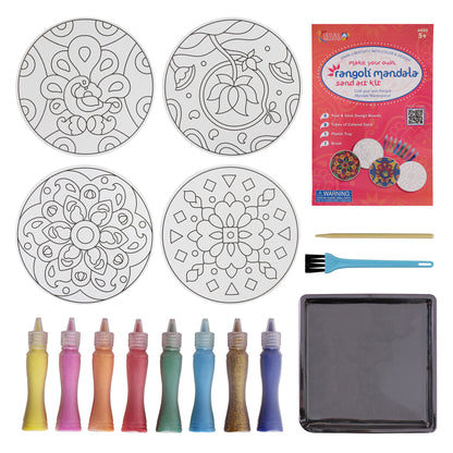 Make Your Own Rangoli Mandala Sand Art Kit with 4 design boards, 8 colored sand tubes, brush and tray
