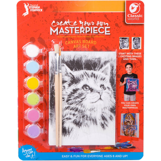 Create Your Own Masterpiece Canvas Board Art Set by Stephen Fishwick featuring cat sketch, six paint colors, brushes, and instruction images on red packaging
