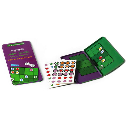 The Purple Cow magnetic sudoku shapes travel set with purple and green case, game board, magnetic tiles featuring colored shapes, and sticker sheet