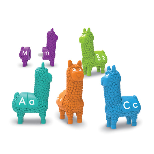 Six colorful llama figurines with textured bubble surfaces in purple, teal, orange, green, and blue, each labeled with letters M, m, A, a, B, b, and C, c