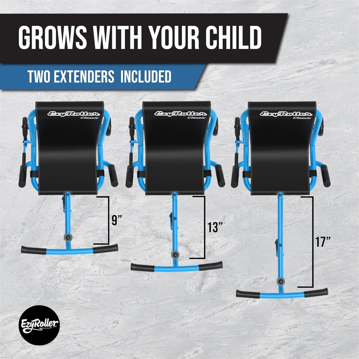EzyRoller Classic Aqua Blue with two extenders showing three growth stages