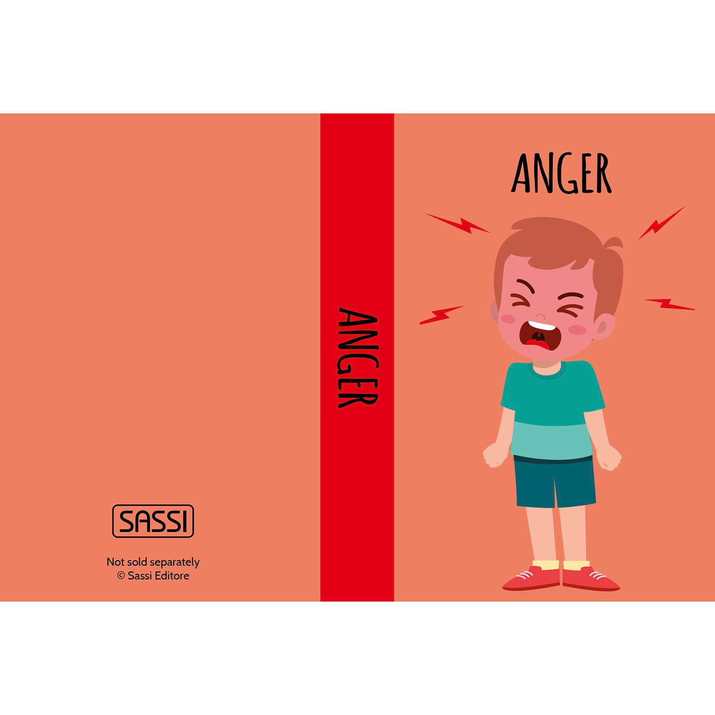 ANGER illustrated on book cover showing an upset child with red lightning bolts, part of My First Library: Emotions 8-Book Set by Sassi