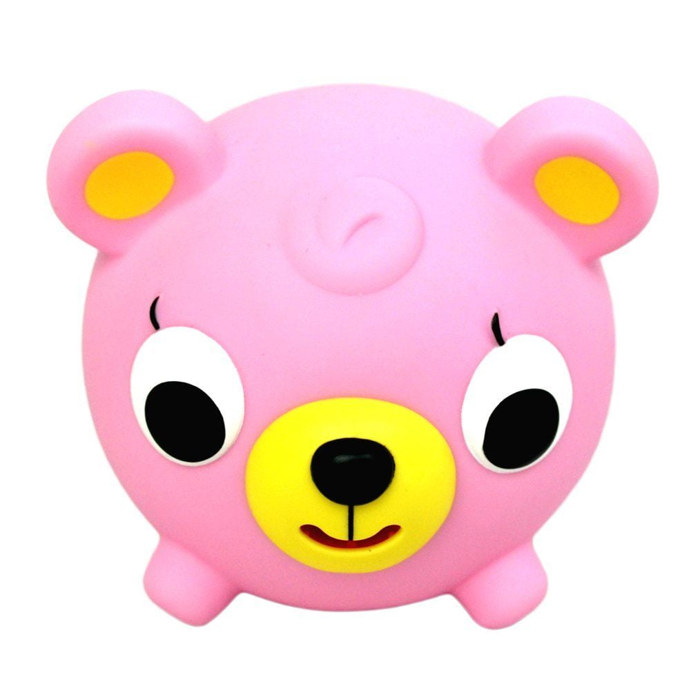 Pink plush bear toy with yellow nose and ears, large white eyes with black pupils, and a smiling expression