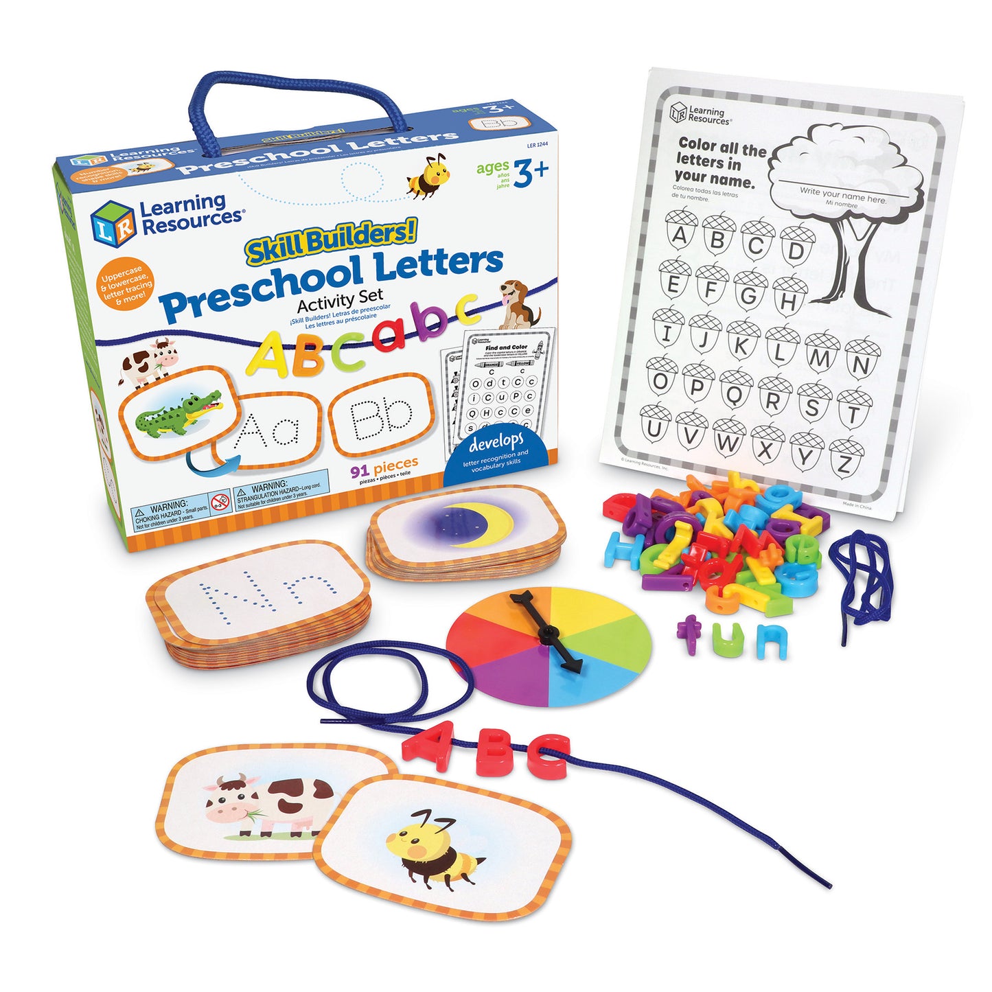 Learning Resources Skill Builders Preschool Letters Activity Set with colorful letter tiles, activity cards, spinner wheel, and tracing boards displayed with or