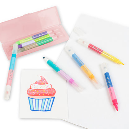 Layering Markers set with pink storage case and colorful cupcake drawing