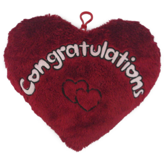 Red plush heart-shaped pillow with "Congrats!" text and decorative hearts, clip attachment at top