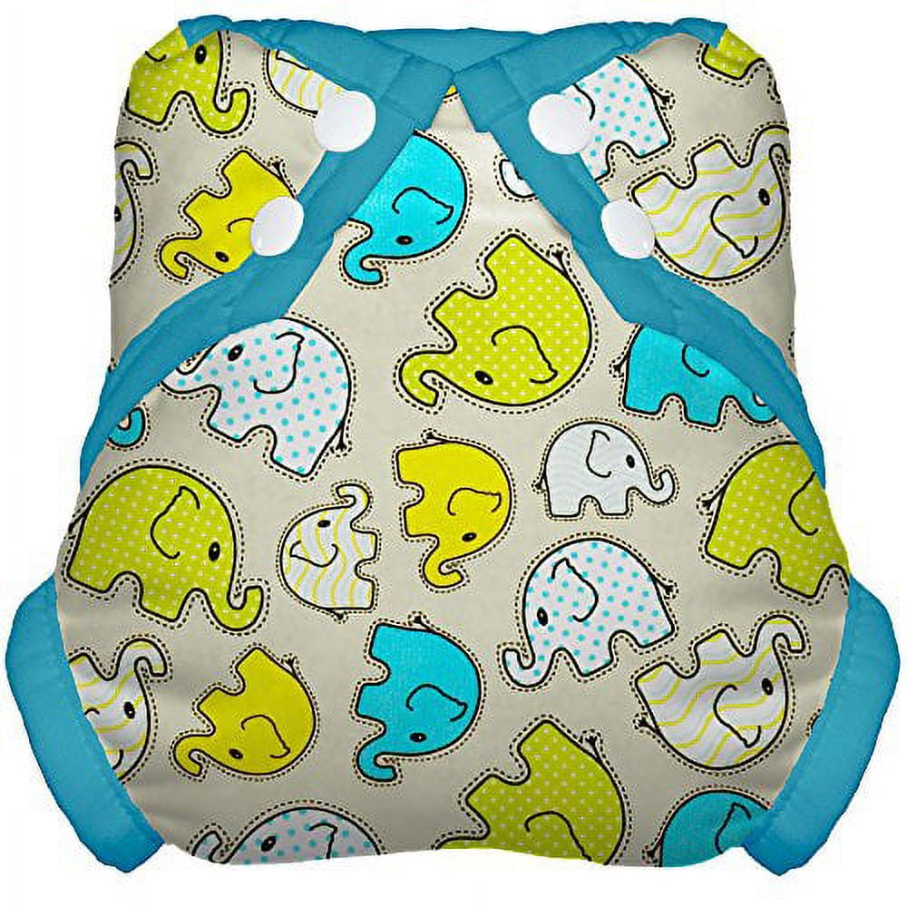 Tidy Tots Elephants Snap Cover with lime green, turquoise, and white elephant print on beige background, blue trim and corner snaps