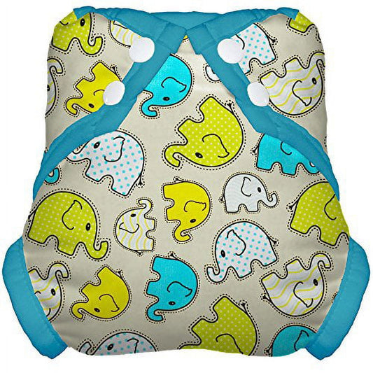 Tidy Tots Elephants Snap Cover with lime green, turquoise, and white elephant print on beige background, blue trim and corner snaps