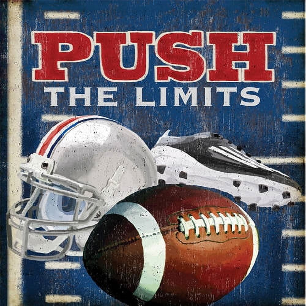 PUSH THE LIMITS text with football helmet and football on distressed blue background