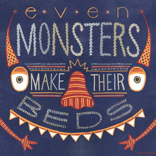 Even Monsters Make Their Bed - navy canvas art with orange and red monster face design, white text, and decorative bunting