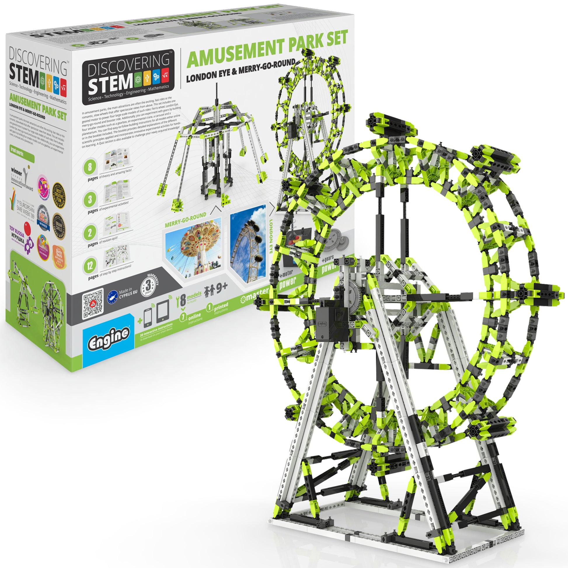 Engino STEM Amusement Park motorized building set with green and black brick pieces forming London Eye and Ferris whe...