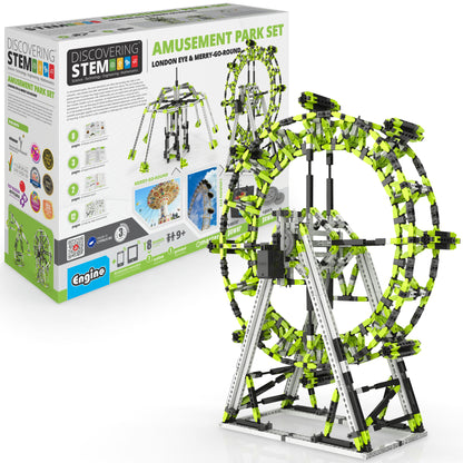 Engino STEM Amusement Park motorized building set with green and black brick pieces forming London Eye and Ferris whe...