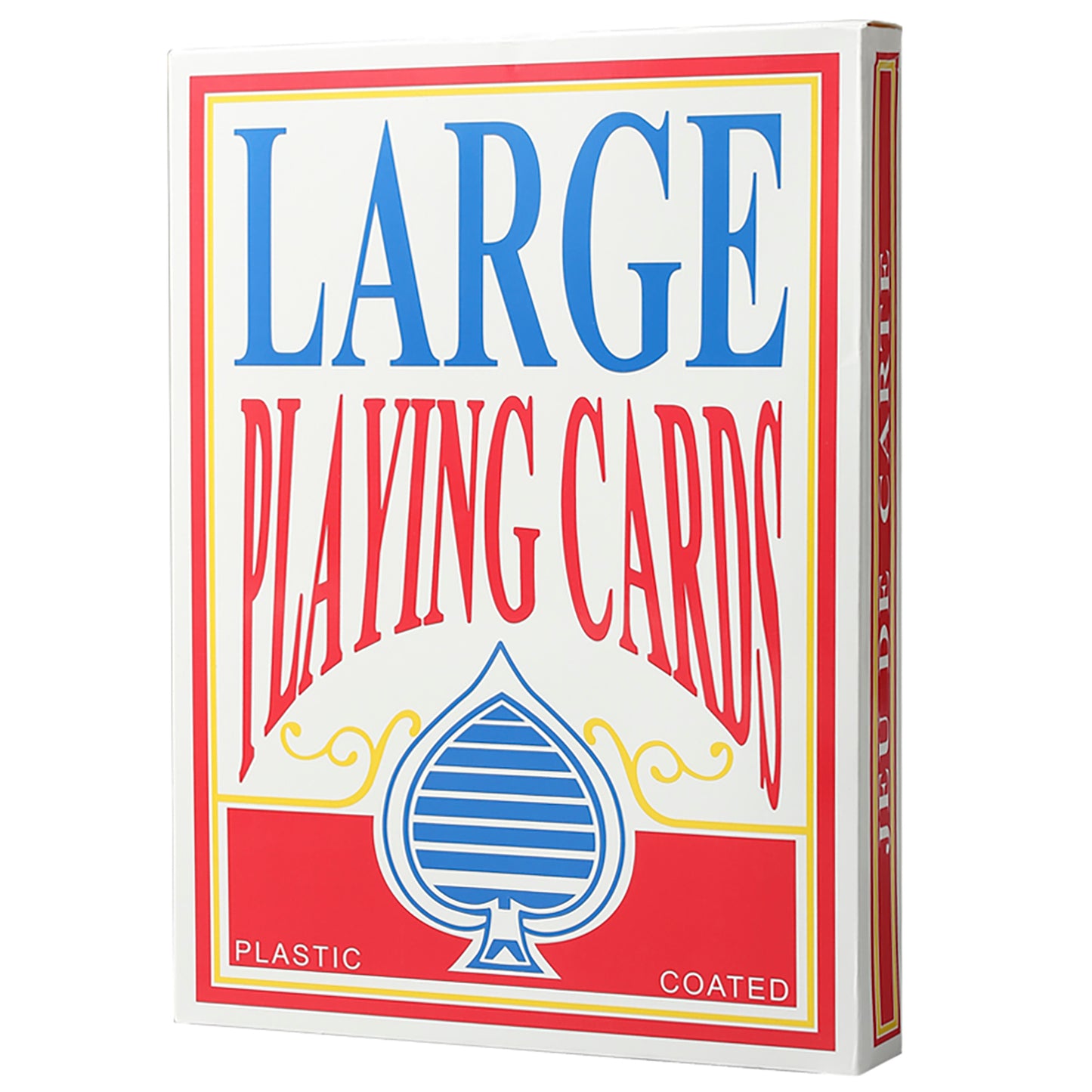 Large playing card box with blue 'LARGE' text, red 'PLAYING CARD' text, spade suit symbol, and 'PLASTIC COATED' label on white and red background