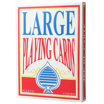 Large playing card box with blue 'LARGE' text, red 'PLAYING CARD' text, spade suit symbol, and 'PLASTIC COATED' label on white and red background