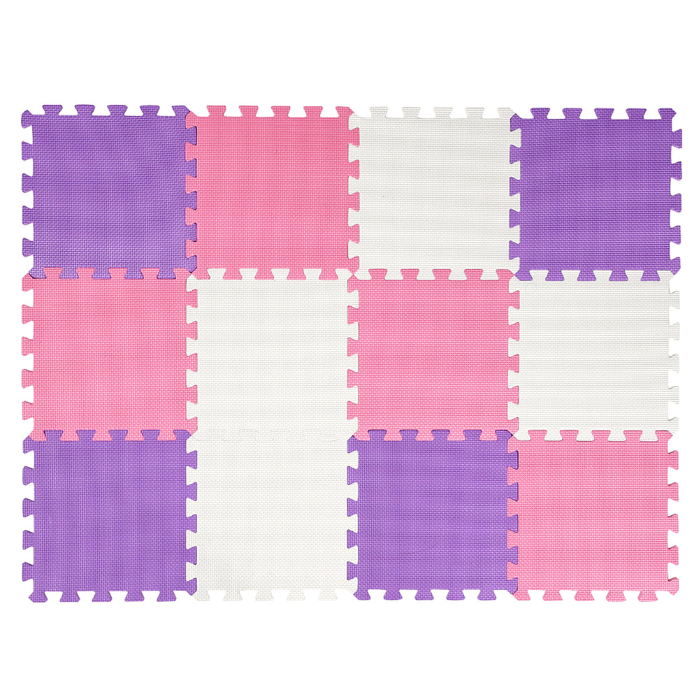 Easy Playhouse 12-piece interlocking foam floor tiles in purple, pink, and cream