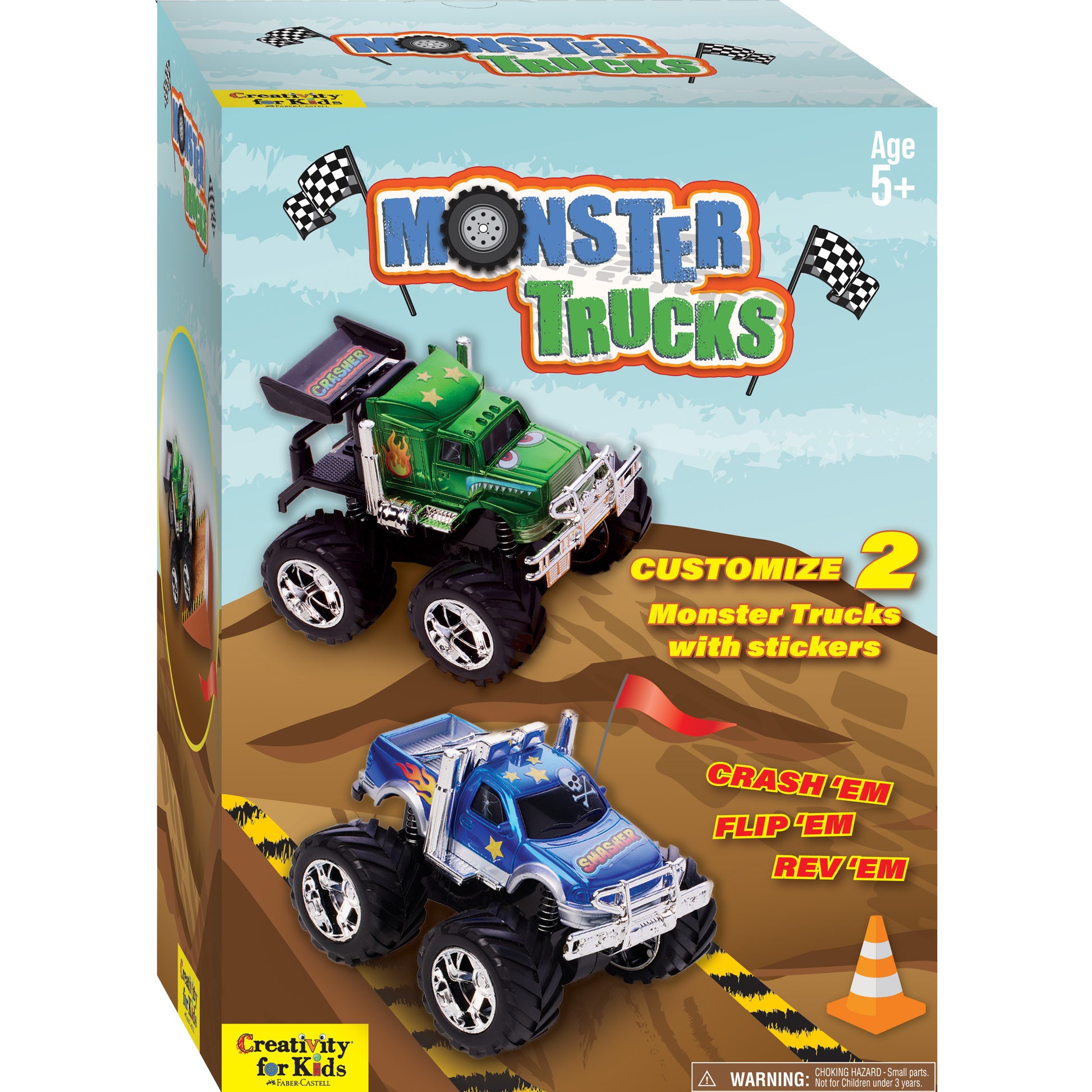 Monster Trucks set box showing two customizable toy trucks with large black wheels on a sandy desert background, includes stickers and features crash, flip, and