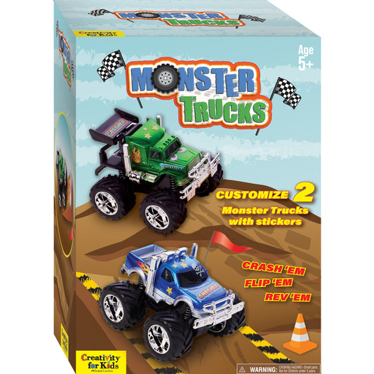 Monster Trucks set box showing two customizable toy trucks with large black wheels on a sandy desert background, includes stickers and features crash, flip, and