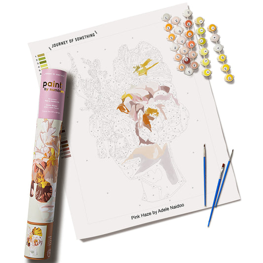 JOS Paint By Numbers Pink Haze kit with numbered canvas, paint palette, and brushes