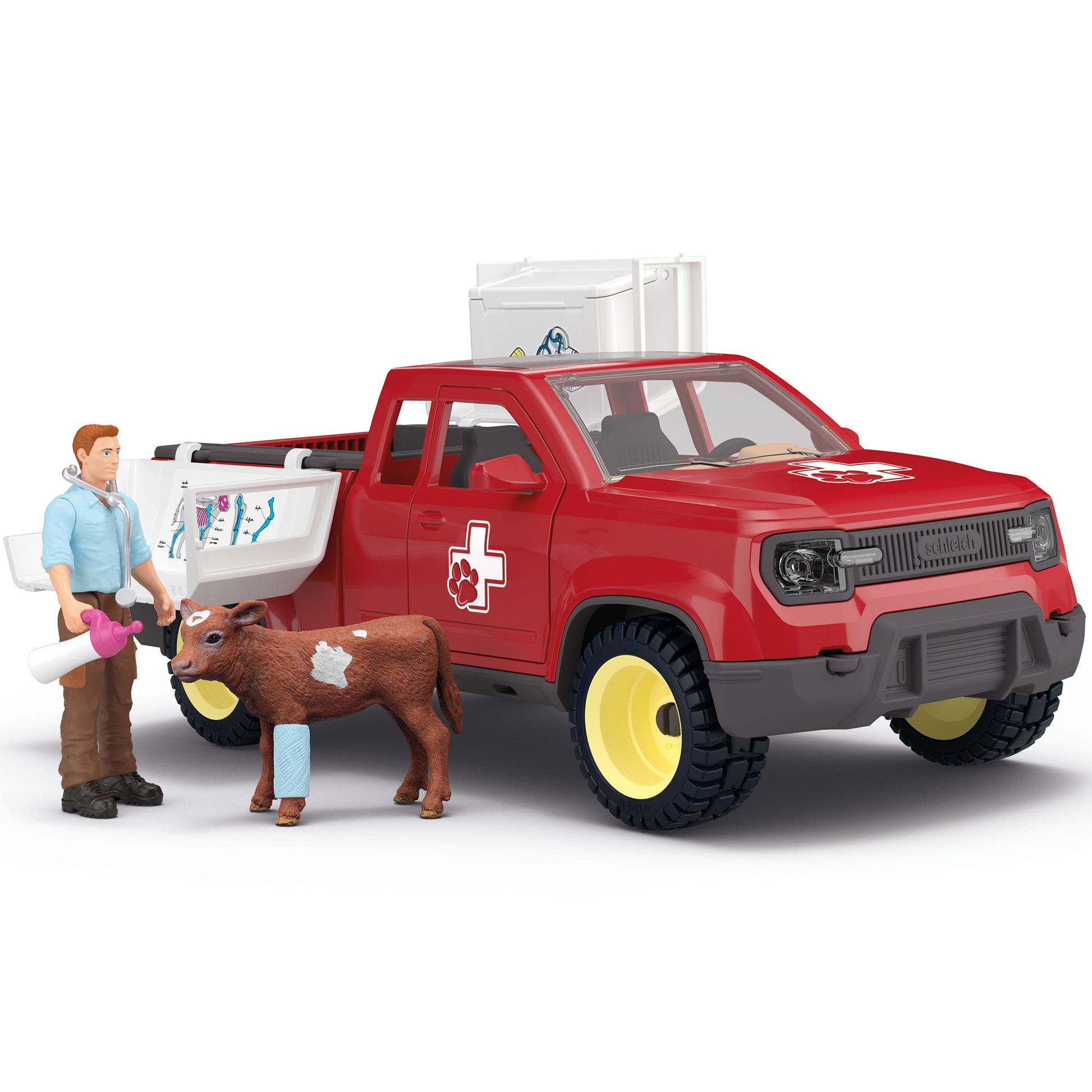 Farm World Veterinarian Pick-Up truck set with red vehicle, farmer figure, and brown cow with bandage
