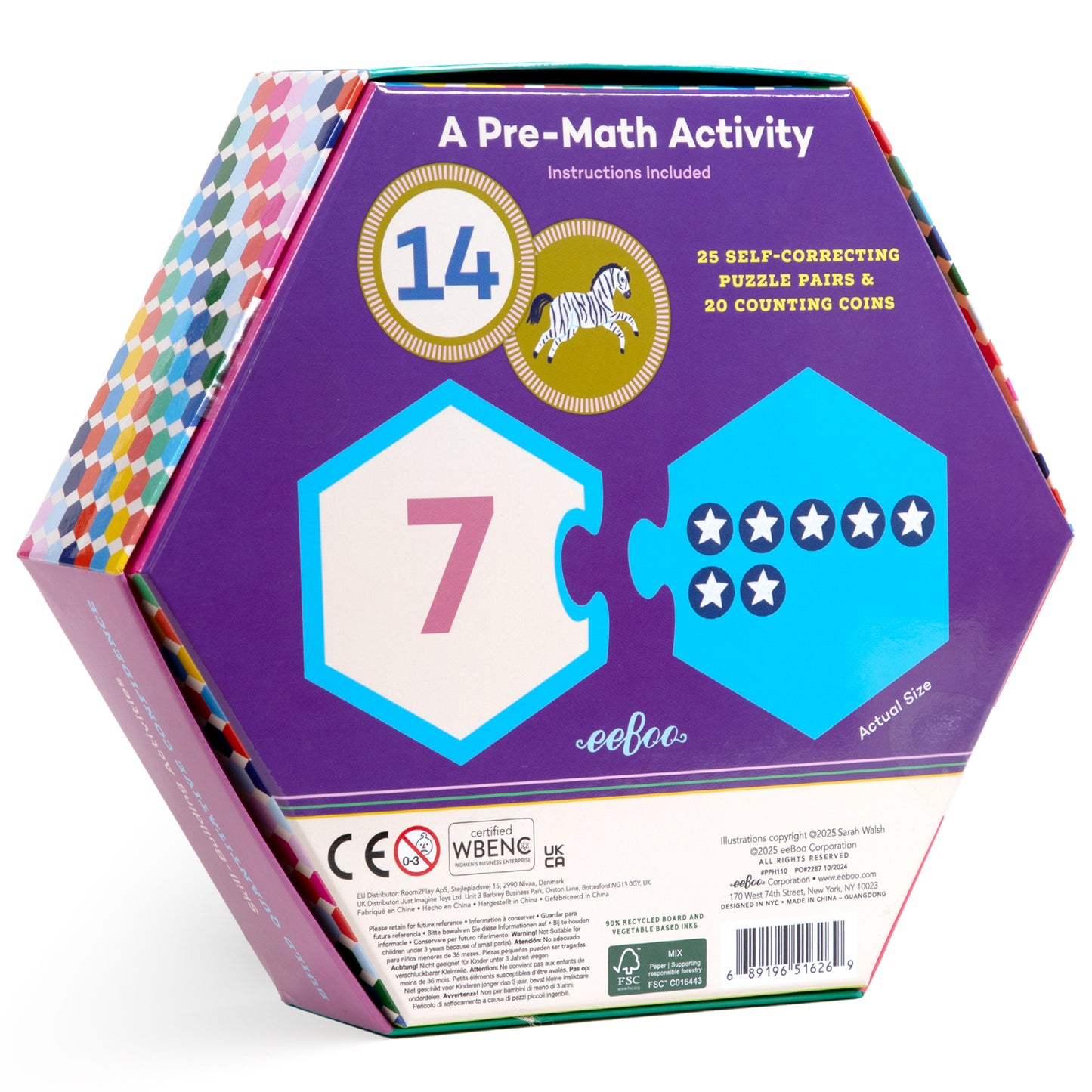 Hexagon Puzzle Pairs: Numbers box featuring purple packaging with colorful harlequin pattern spine, showing number 14, zebra icon, puzzle piece hexagons with nu