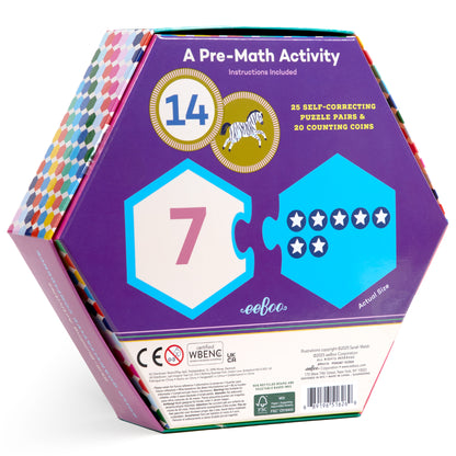Hexagon Puzzle Pairs: Numbers box featuring purple packaging with colorful harlequin pattern spine, showing number 14, zebra icon, puzzle piece hexagons with nu