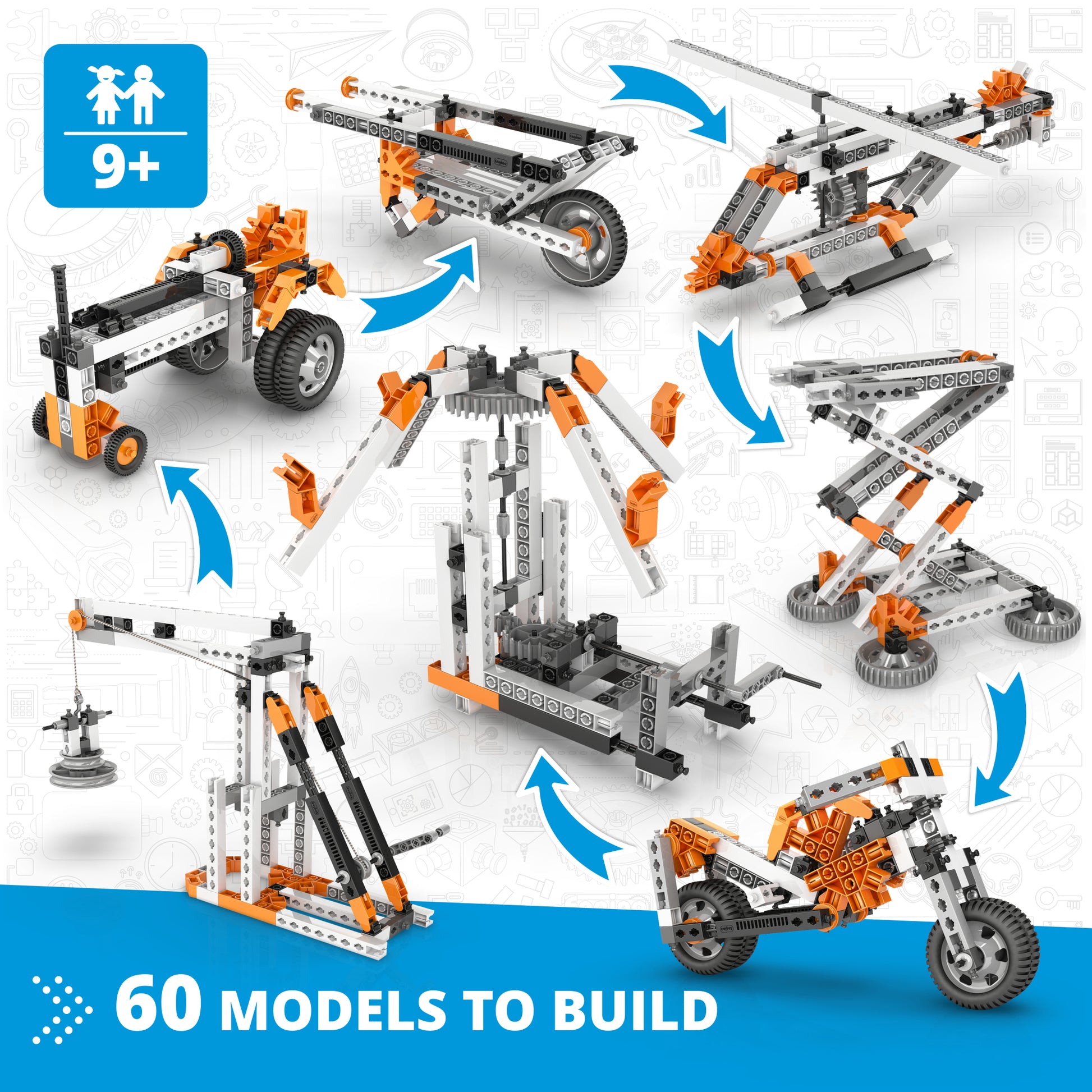 Engino Simple Machines 60 Models STEM building set with orange and black snap-fit bricks showing mechanical construct...