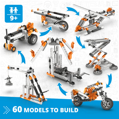 Engino Simple Machines 60 Models STEM building set with orange and black snap-fit bricks showing mechanical construct...