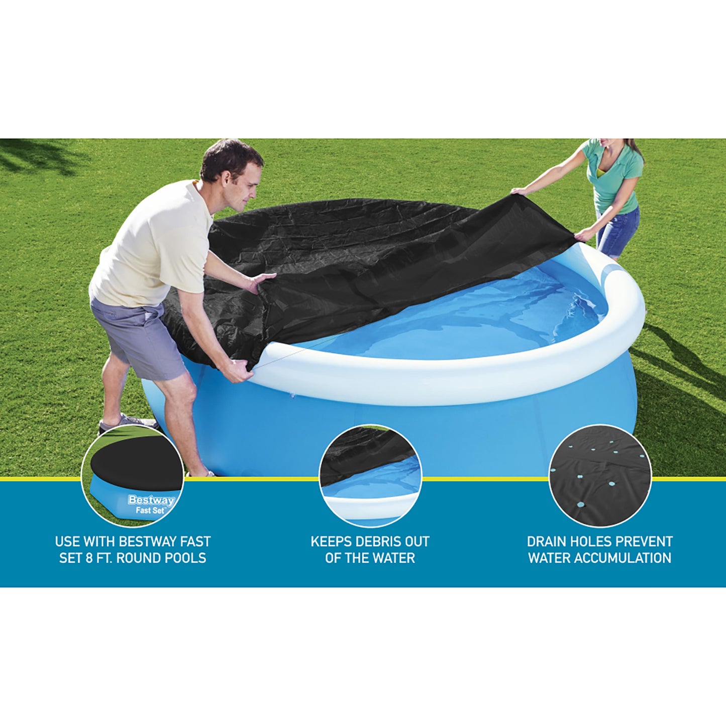 Flowclear Fast Set 8' Pool Cover black cover on blue round pool