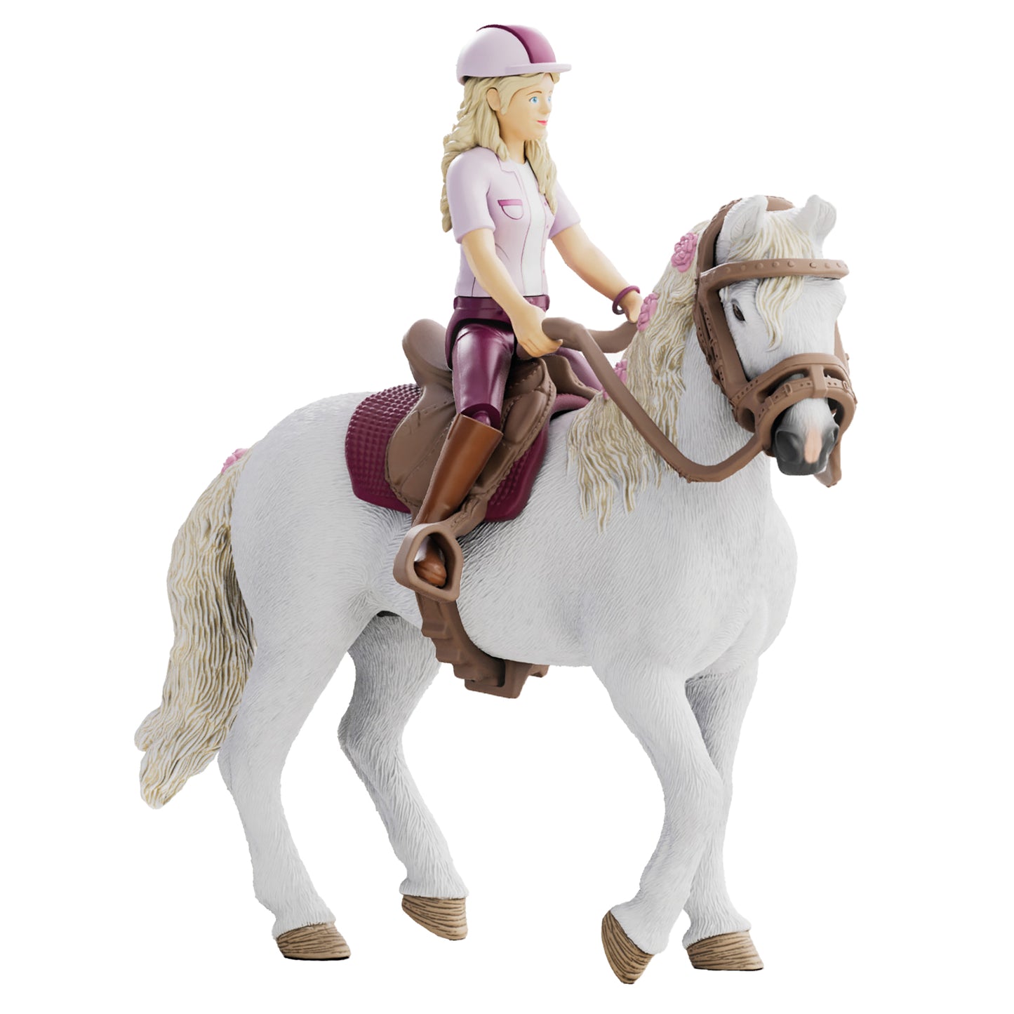 Blonde doll in purple riding outfit on white horse with cream mane, brown saddle and bridle