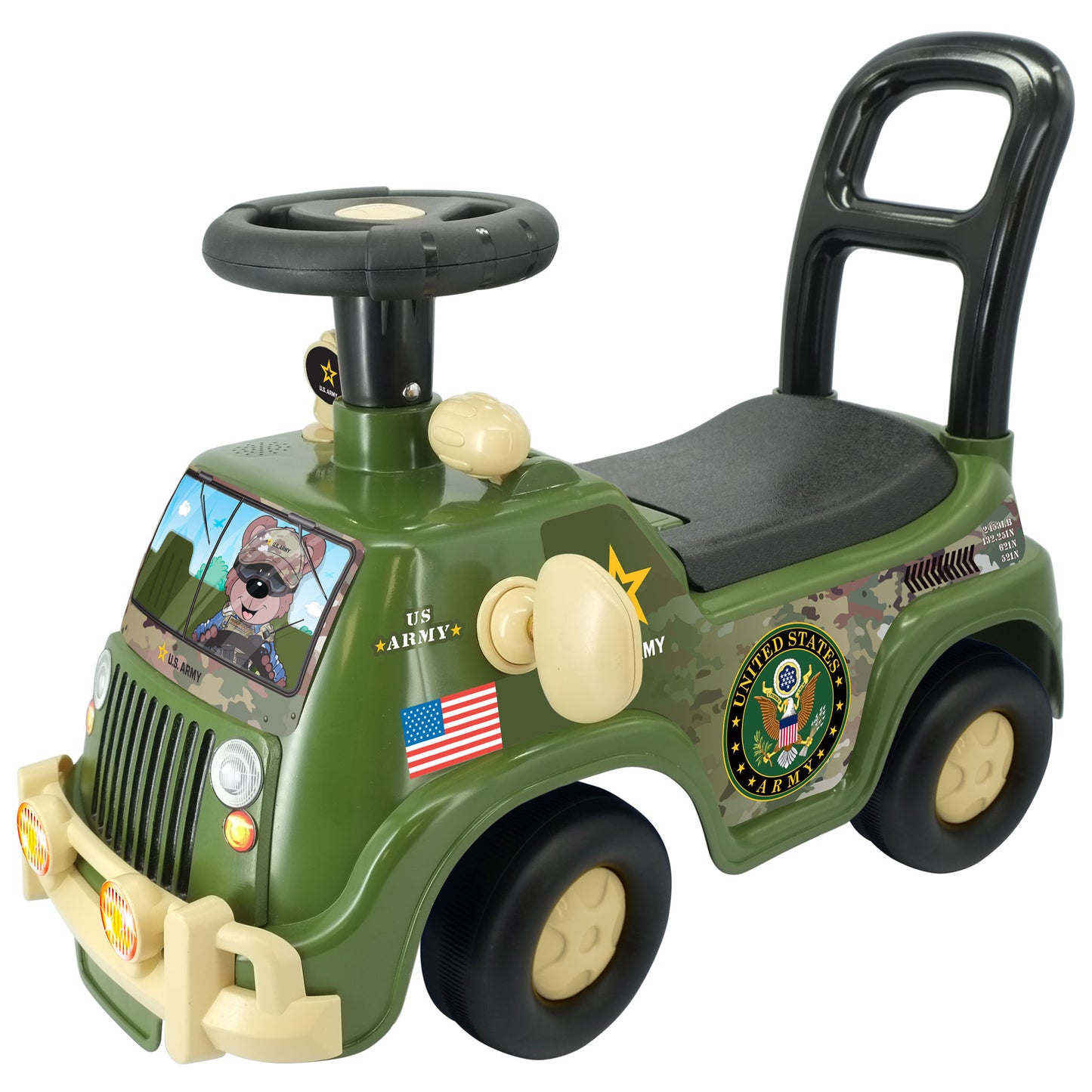 Green U.S. Army ride-on truck with cream-colored wheels, black steering wheel, and interactive dashboard with lights and sounds