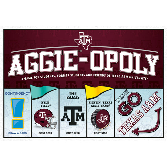 Aggie-Opoly board game box showing Texas A&M themed spaces including Kyle Field, The Quad, Fightin' Texas Aggie Band, and GO Texas A&M with property costs