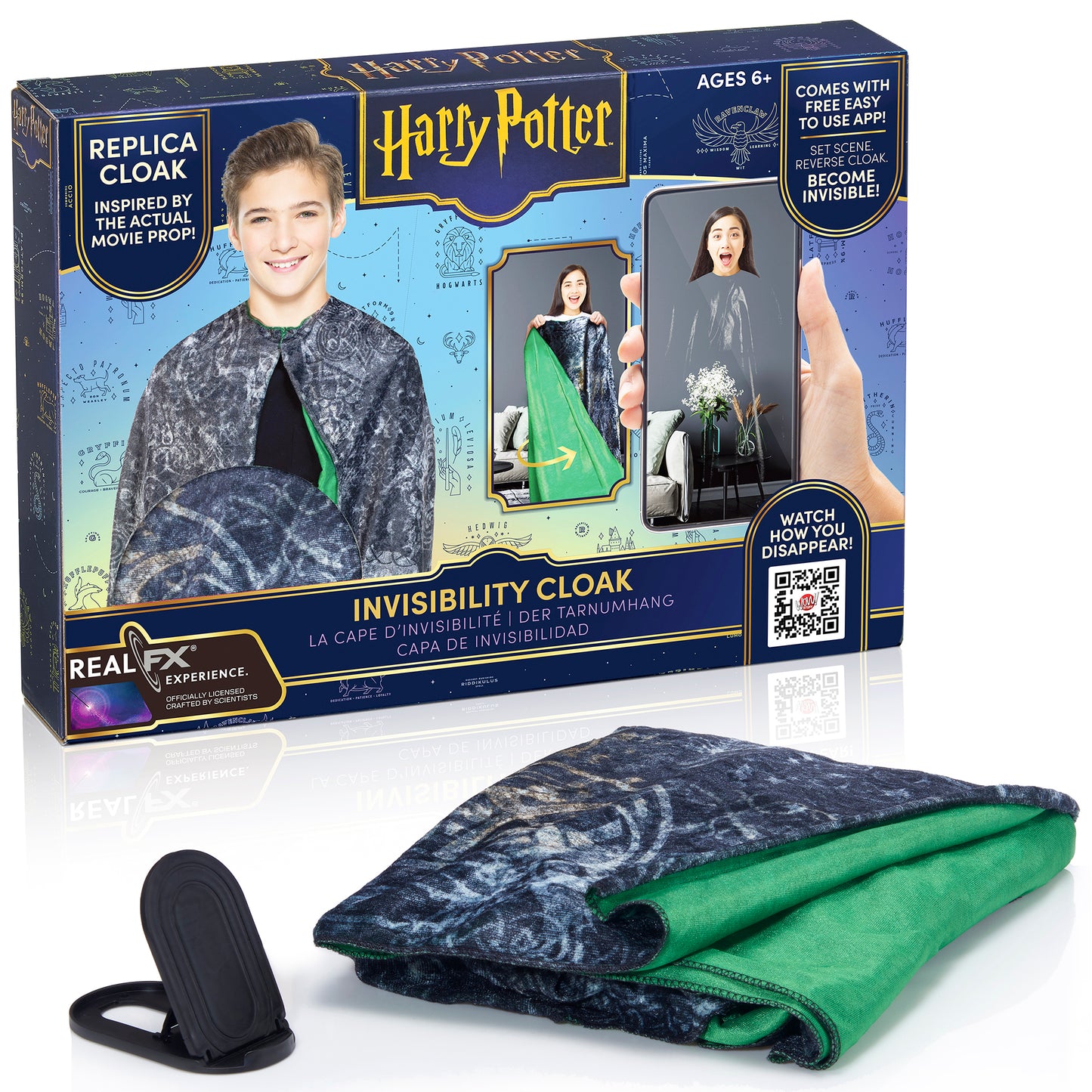 Harry Potter Invisibility Cloak RealFX Experience box with replica cloak modeled by a child, shown with green interior and dark patterned exterior, includes AR