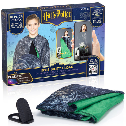 Harry Potter Invisibility Cloak RealFX Experience box with replica cloak modeled by a child, shown with green interior and dark patterned exterior, includes AR